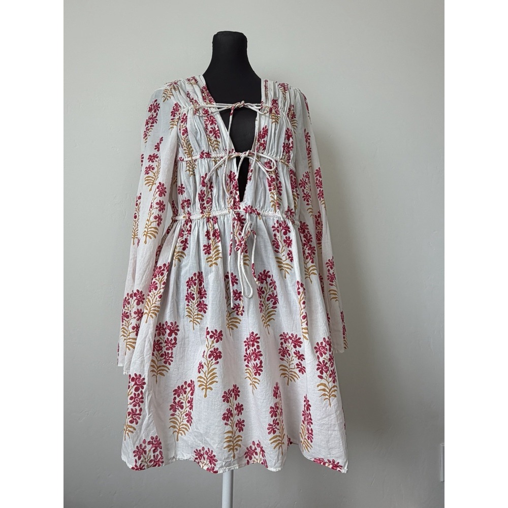 J.Crew Floral Cotton Mini Beach Dress Size L Tie Front Long Sleeve Boho Peasant